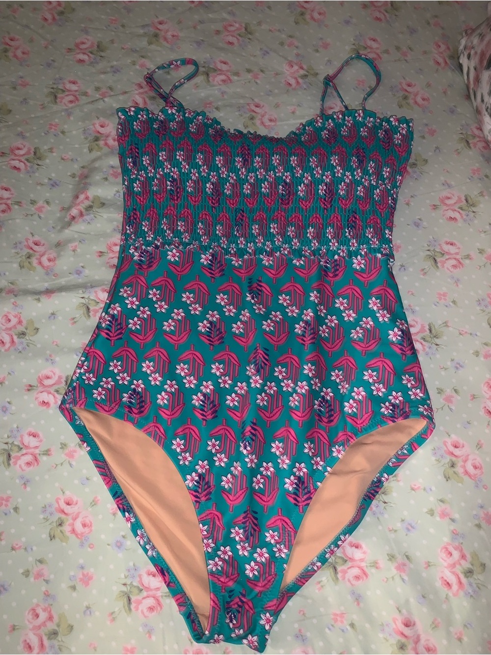 J Crew Smocked teal bandeau swimsuit size small
